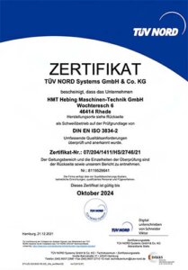 Zertifikat ISO 3834 HMT 2021